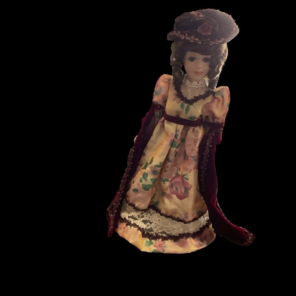 Porcelain Doll w/ Floral Dress and Velvet Shawl & Hat